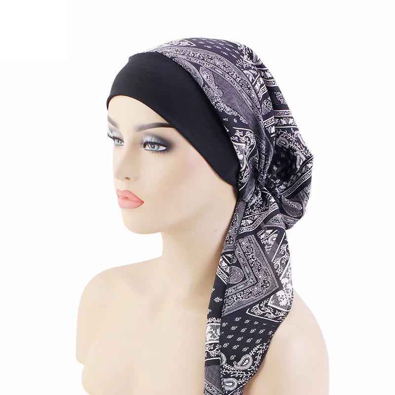 Nuevo pañuelo para la cabeza con estampado satinado para mujer, turbante musulmán elástico preatado, gorro para dormir para quimioterapia, cubierta para la pérdida de cabello, pañuelo para la cabeza