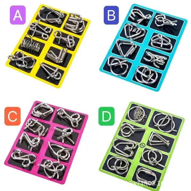 8 unids/set juego de anillos de rompecabezas de Metal juego de rompecabezas inteligente anillo y hebilla liberación IQ rompecabezas juguetes para niños adultos desarrollo cerebral