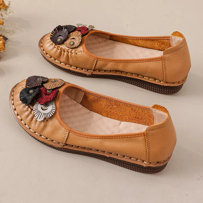 Mocasines Étnicos de Cuero Genuino para Mamá | Punta Redonda | Antideslizantes | Verano 2025