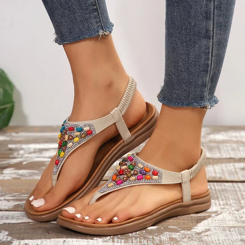 Sandalias Planas Bohemias Estilo Romano Gladiador | Tiras con Cuentas Clip Toe