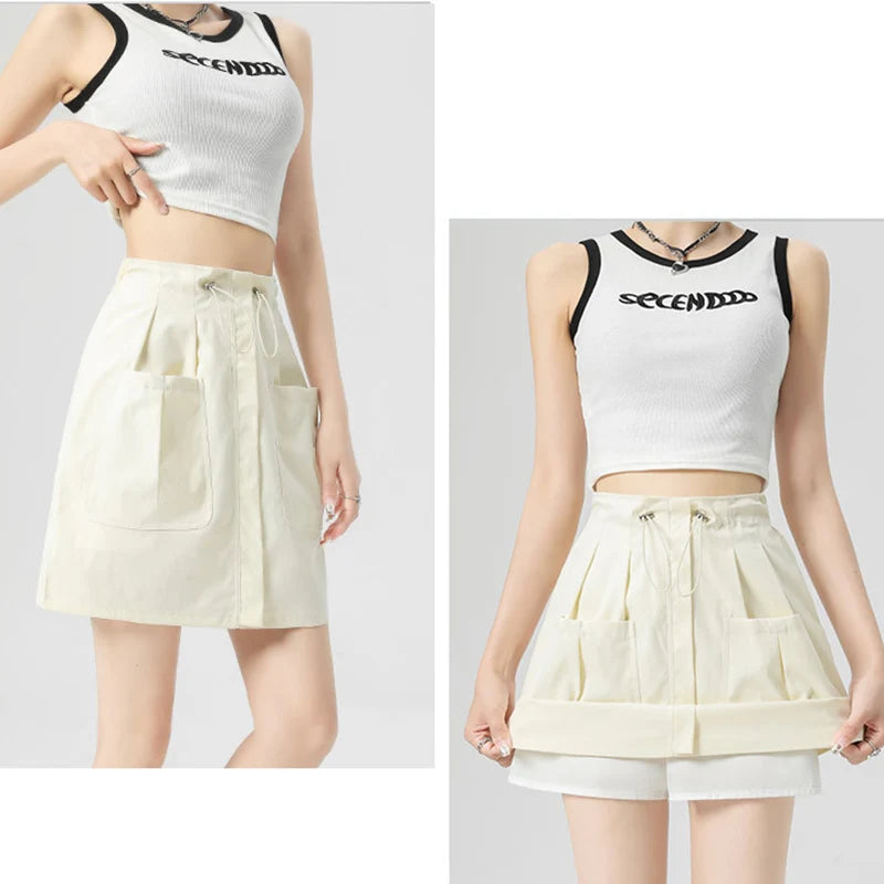 Falda Cargo Con Bolsillos Y Cordón Estilo Retro Americano