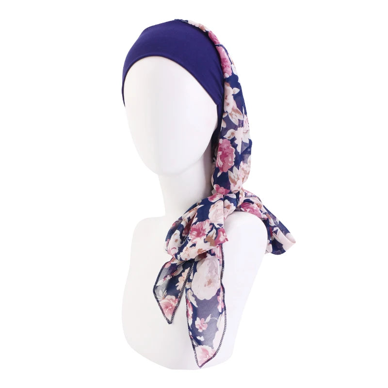Turbante elástico con estampado de flores para mujer musulmana, para la cabeza preatado Hijab, Bandana para la pérdida de cabello, bufanda para la cabeza, novedad