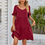 Vestido Midi de Playa | Algodón Liso Cuello V | Mangas Cortas con Volantes | Tico Trendy
