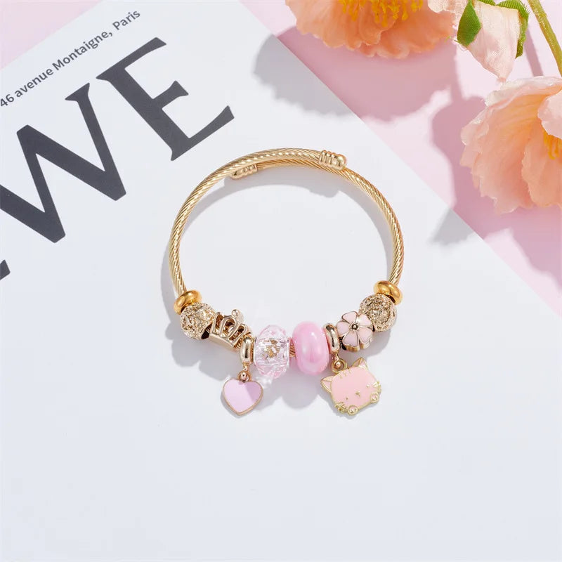 Pulsera Dijes Gato Flor Corona | Brazalete Acero Inox. Color Dorado | Regalo Navidad | Ticotrendy