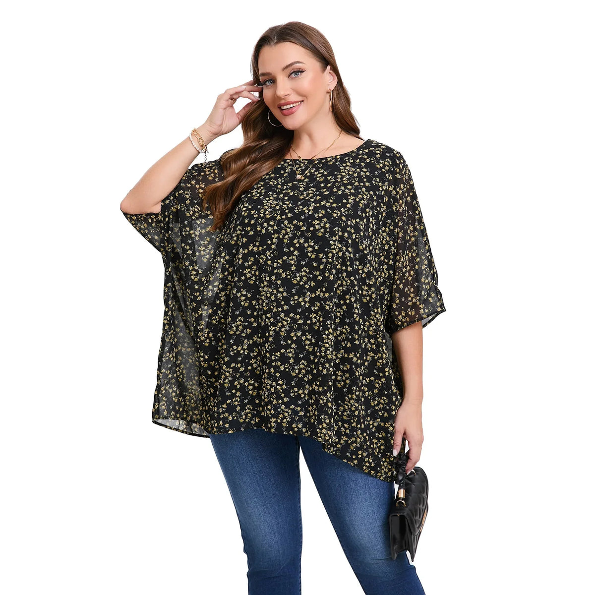 Blusa de Gasa Florales Plus Size | Manga Murciélago Cuello Redondo | Tallas 2XL-6XL | Tico Trendy