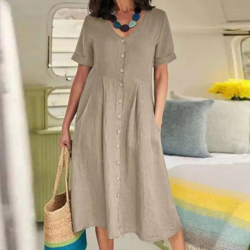 Vestido Camisero de Algodón y Lino Cintura Alta