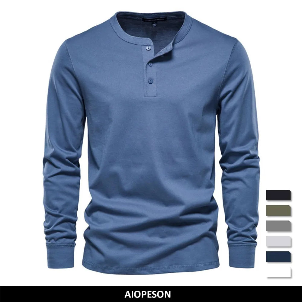 Camiseta Cuello Henley Color Sólido Hombre | Manga Larga Alta Calidad | Tallas XS-5XL | Tico Trendy