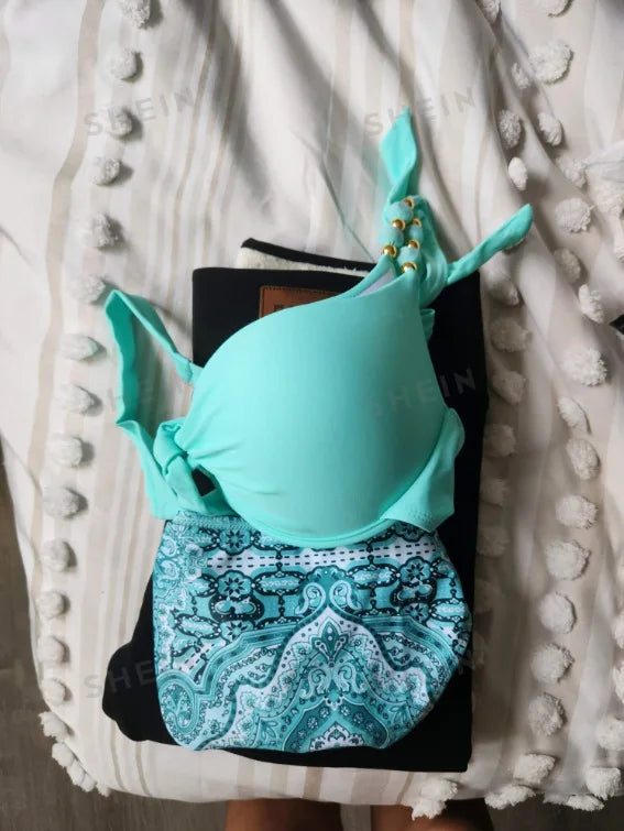 Bikini de Neón con Lazo Lateral y Estampado de Cachemira Push Up