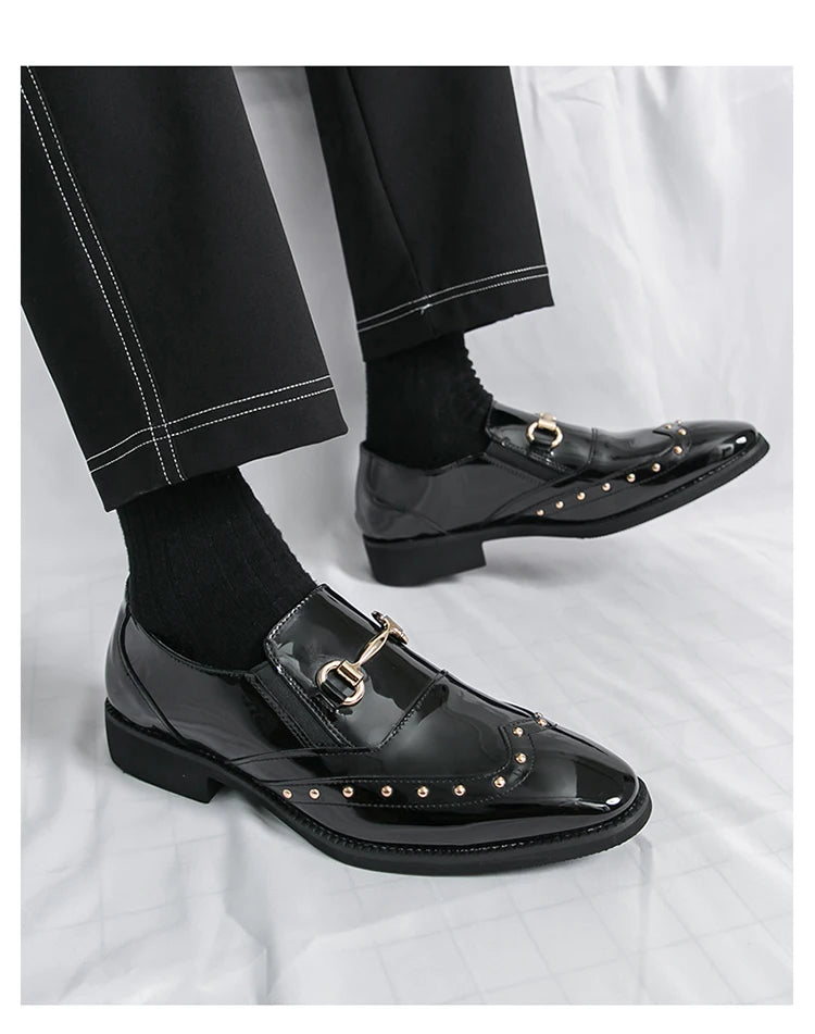 Zapatos Hombre Charol Elegantes Punta Puntiaguda Boda Sin Cordones | Diseño Liso