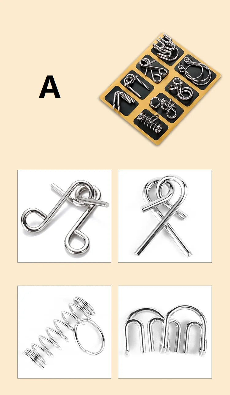 Rompecabezas de anillo chino de Metal para niños y adultos, puzles mágicos, rompecabezas clásicos, IQ Brain Teaser, 8 juegos por paquete