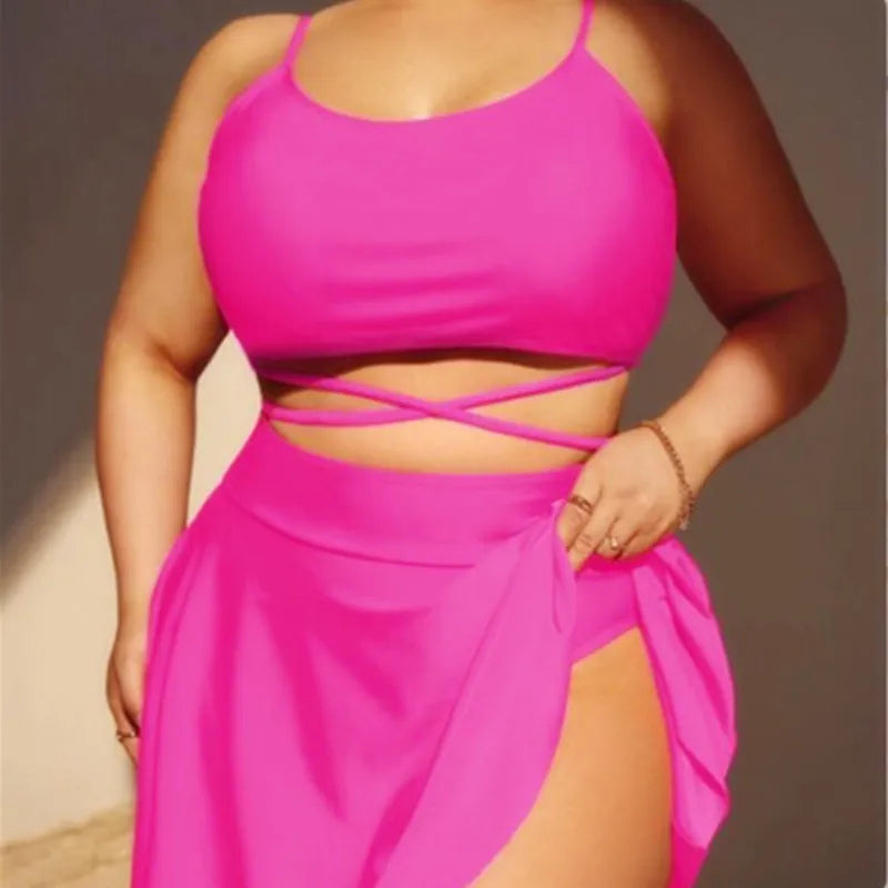 Bikini de 3 Piezas Talla Grande | Falda Cintura Alta | Color Sólido