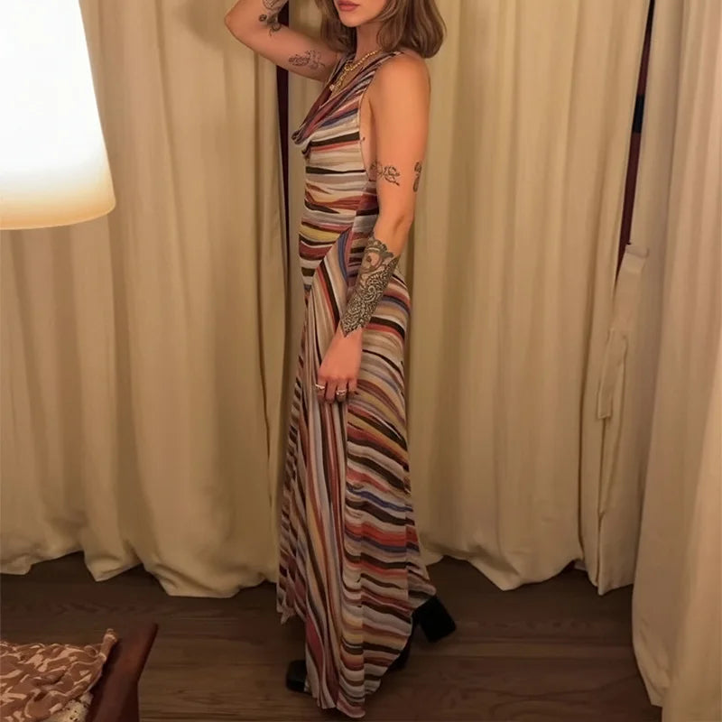 Vestido de Fiesta Rayas Onduladas Cintura Ajustada