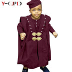 Traje africano Bazin Riche para niño, conjuntos de 4 piezas, camiseta, pantalón, batas y gorro, ropa de exterior Agbada, Y234017