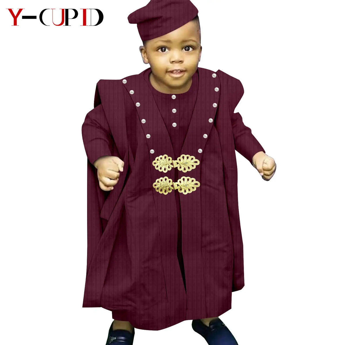 Traje africano Bazin Riche para niño, conjuntos de 4 piezas, camiseta, pantalón, batas y gorro, ropa de exterior Agbada, Y234017