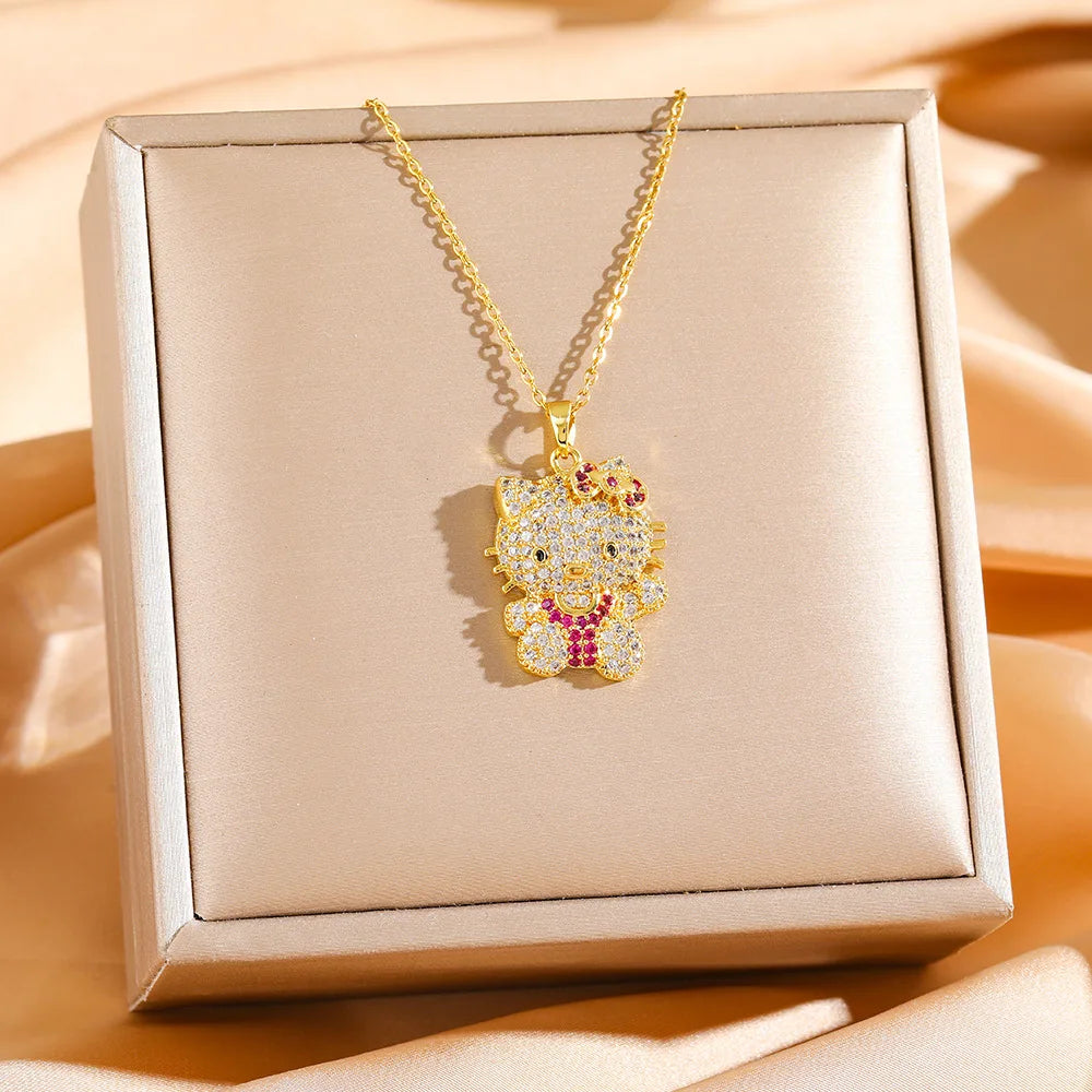 Collares con colgante de Hello Kitty de circonita brillante de lujo para mujeres y niñas, cadena creativa de acero inoxidable Sanrio, regalos de joyería