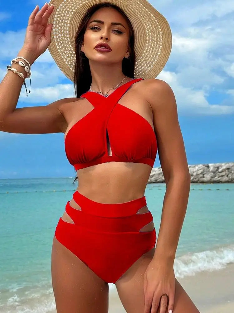 Conjunto de Bikini Halter de Color Sólido Cikini para Vacaciones y Playa