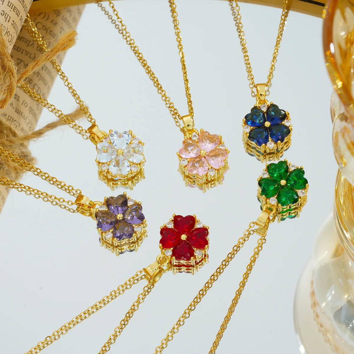 Cadena de acero inoxidable, collares con colgante de trébol de circón colorido romántico clásico para mujeres y niñas, accesorios de joyería, regalos