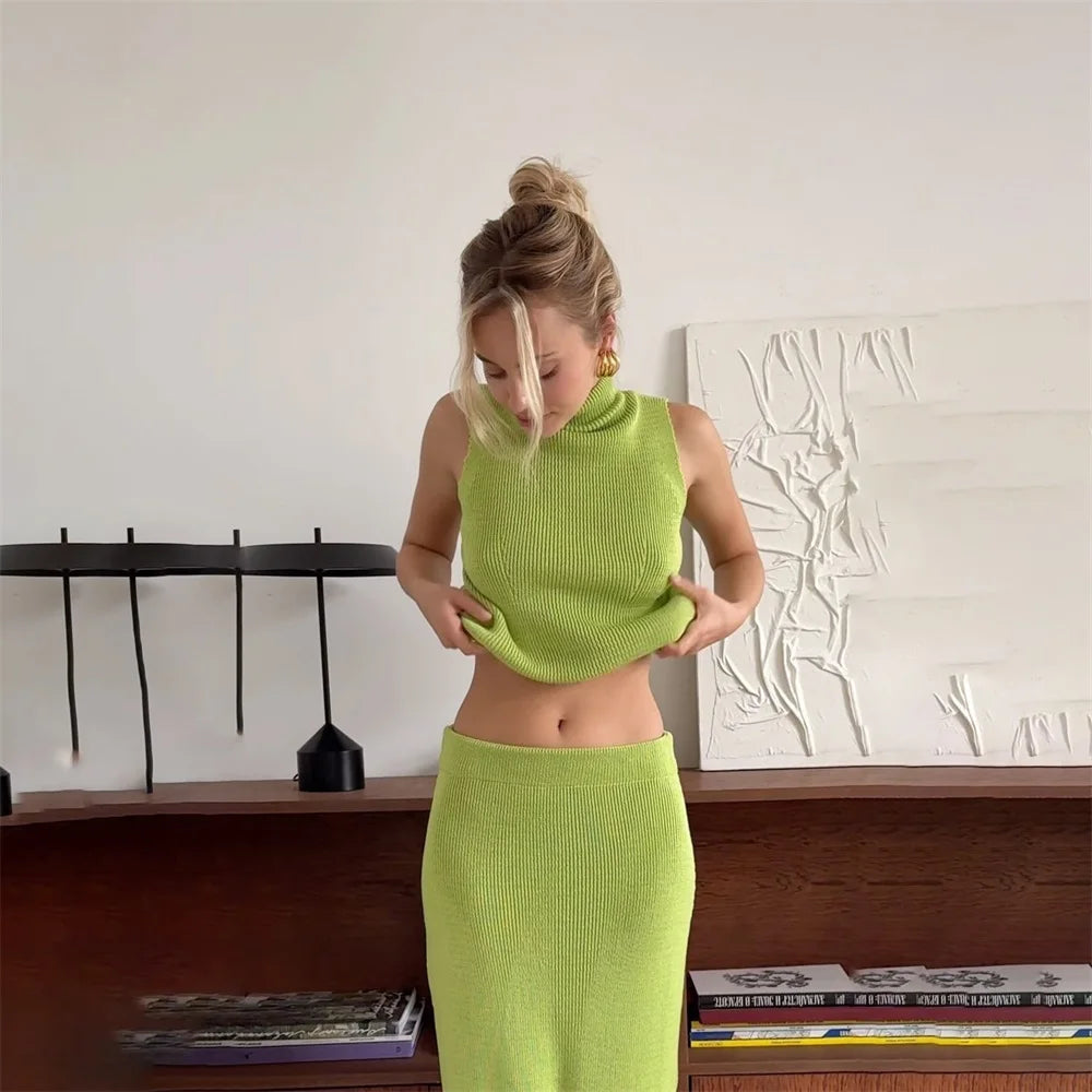 Conjunto de Falda Larga y Top de Punto | Cuello Alto | Elegante