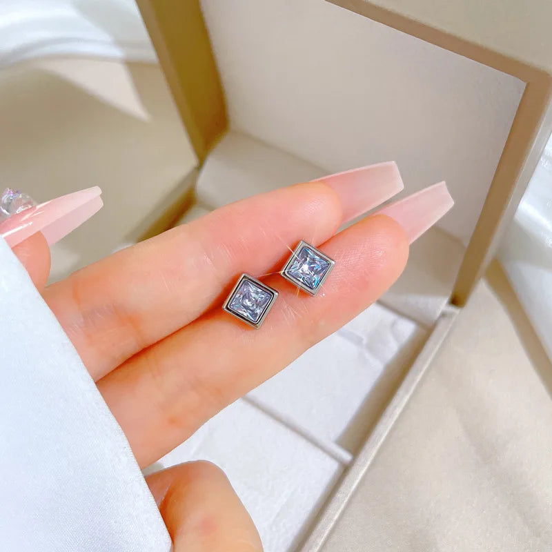 Pendientes de circonita cuadrados simples de acero inoxidable para mujeres y hombres, accesorios para las orejas geniales, accesorios de joyería, regalos