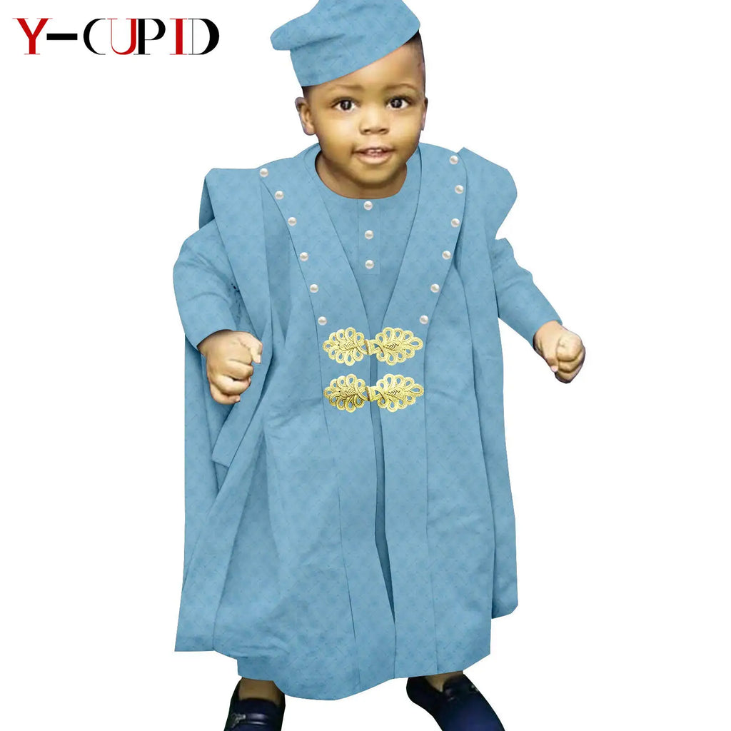 Traje africano Bazin Riche para niño, conjuntos de 4 piezas, camiseta, pantalón, batas y gorro, ropa de exterior Agbada, Y234017
