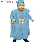 Traje africano Bazin Riche para niño, conjuntos de 4 piezas, camiseta, pantalón, batas y gorro, ropa de exterior Agbada, Y234017