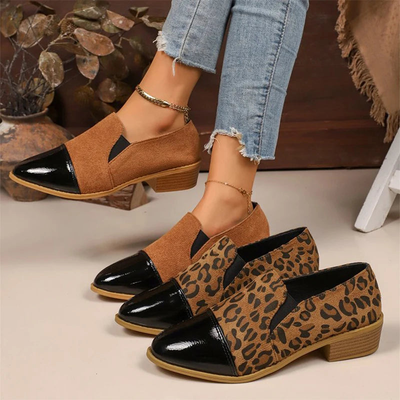 Zapatos de Tacón Bajo Leopardo | Tacón Cuadrado | Punta Estrecha | Talla Grande