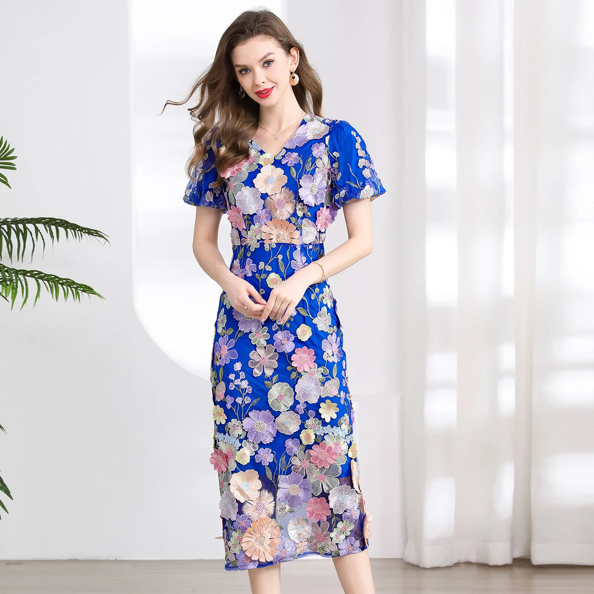 Vestido Fiesta Lujo Bordado Encaje Flores 3D | Cuello V Manga Corta Mitad Pantorrilla