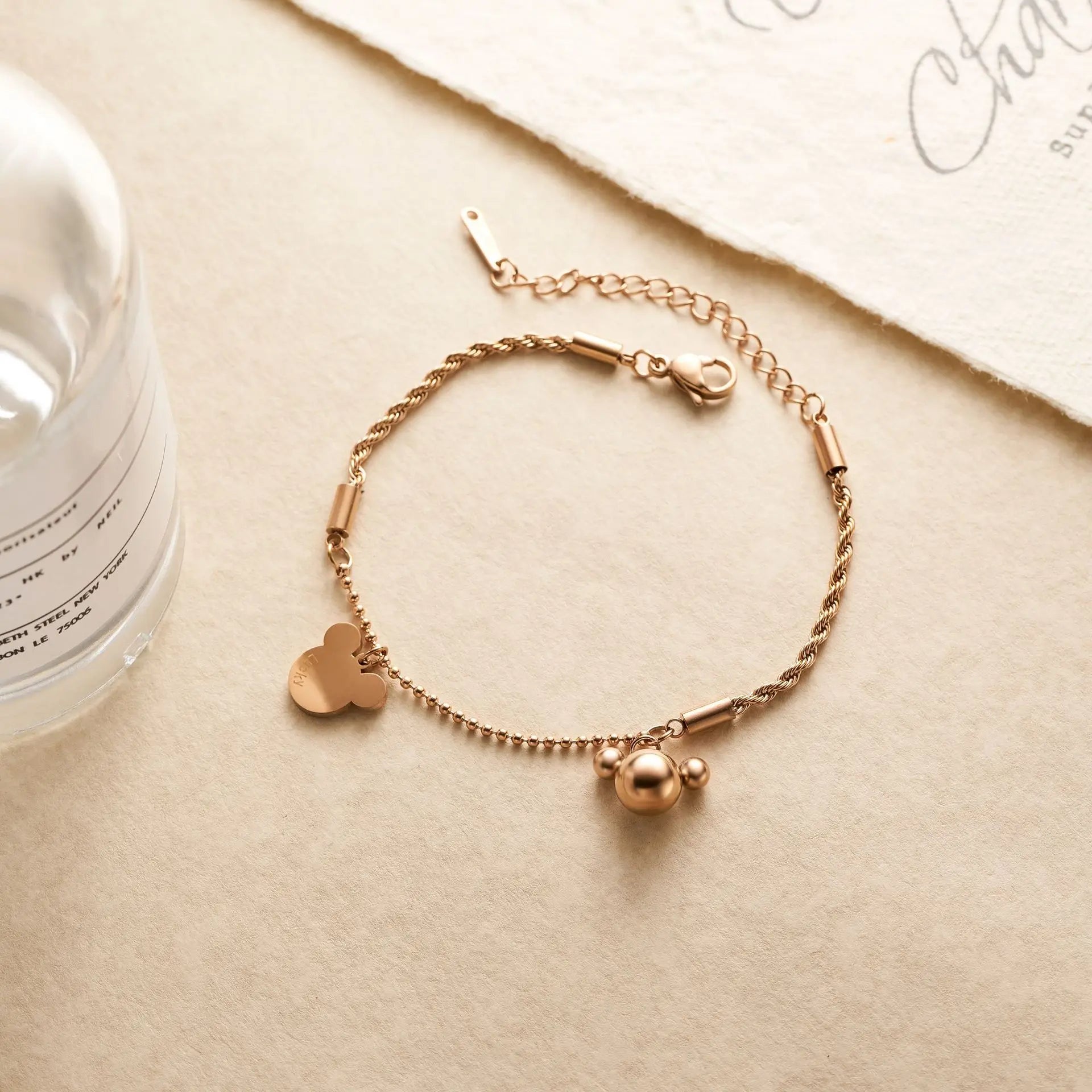 Pulsera Dijes Mickey Mouse Acero Inoxidable Oro Rosa | Estilo Adorable Tendencia