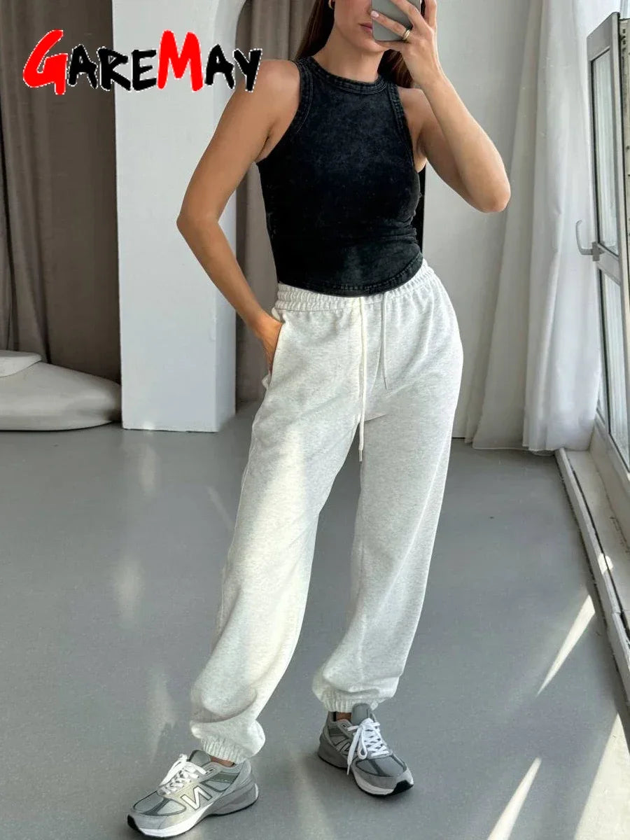 Pantalón Chándal 80% Algodón | Oversize Elástico | Cintura Alta Vintage | Gris y Blanco | Ticotrendy
