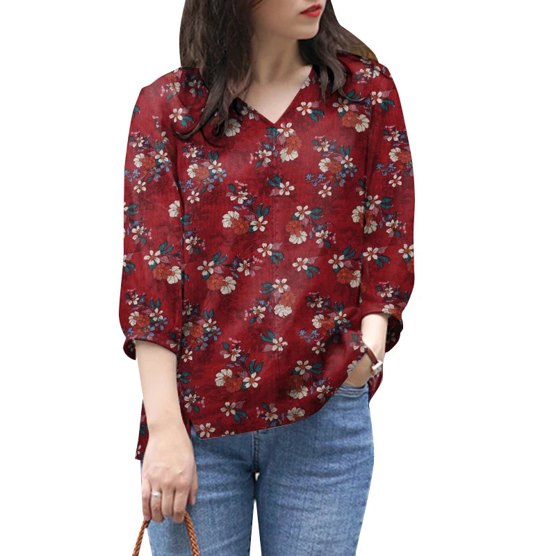 ZANZEA Blusas de algodón con estampado Floral de talla grande para mujer, blusas de manga 3/4 con cuello en V, Top de corte alto-bajo, Blusas informales para primavera y verano, 5XL