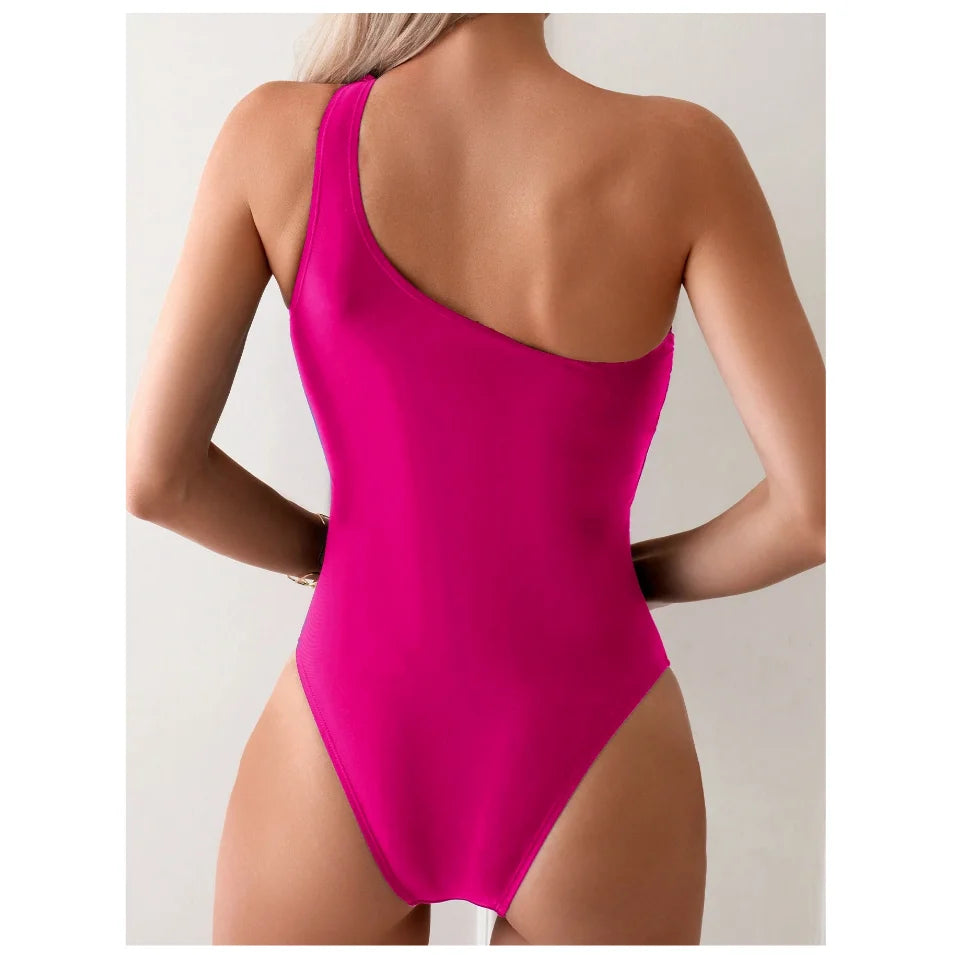 Traje de Baño Una Pieza | Un Hombro Sin Mangas | Diseño Ahuecado | Color Sólido