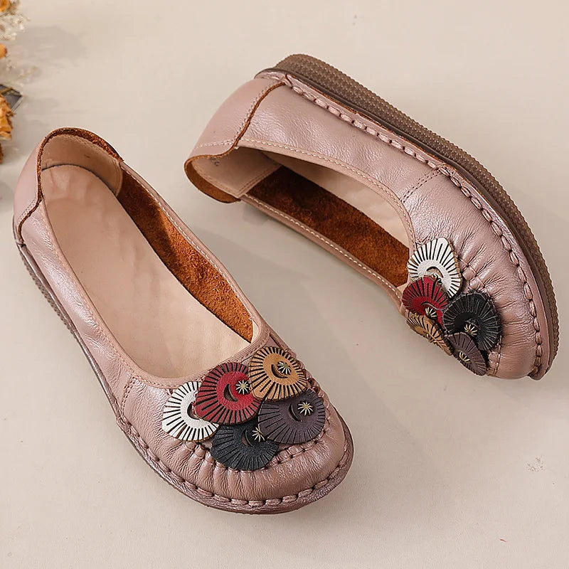 Mocasines Étnicos de Cuero Genuino para Mamá | Punta Redonda | Antideslizantes | Verano 2025