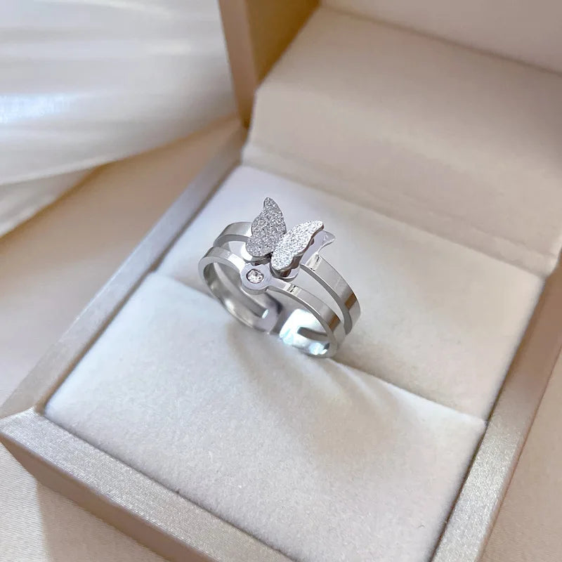 Anillos de mariposa esmerilados ajustables para mujeres y niñas, anillos de acero inoxidable de Color plateado, accesorios para dedos, regalos