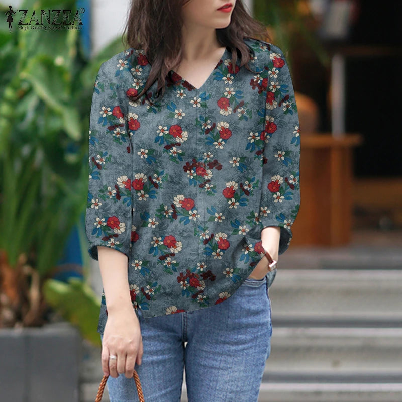 ZANZEA Blusas de algodón con estampado Floral de talla grande para mujer, blusas de manga 3/4 con cuello en V, Top de corte alto-bajo, Blusas informales para primavera y verano, 5XL