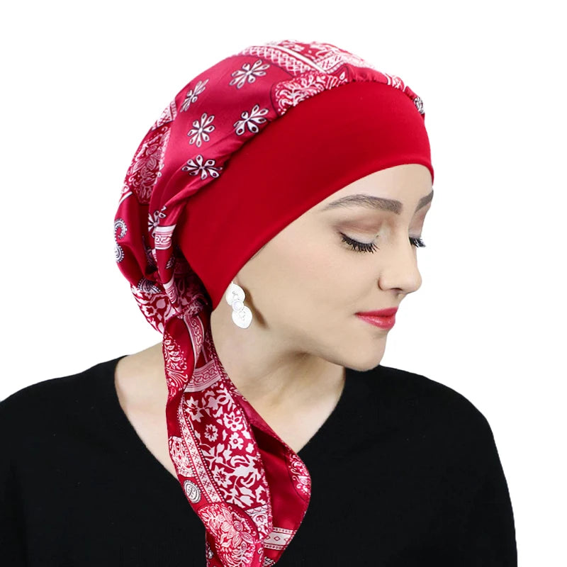 Turbante de satén preatado para mujer, hiyab interior musulmán, gorros para quimio contra el cáncer, pañuelo para la cabeza para la pérdida de cabello, Bandana, accesorios elásticos para el cabello