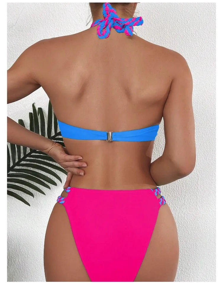 Bikini Push Up Colorblock con Estilo Halter para Playa
