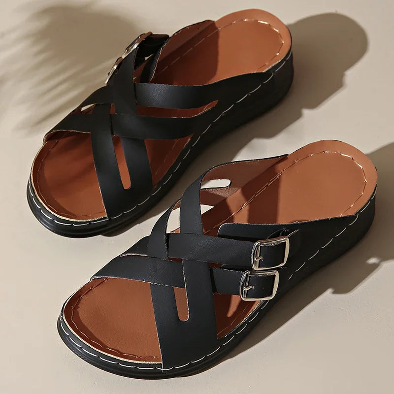Zapatillas de Cuña con Tiras Cruzadas | Colores Combinados | Suela Suave Antideslizante | Talla 43