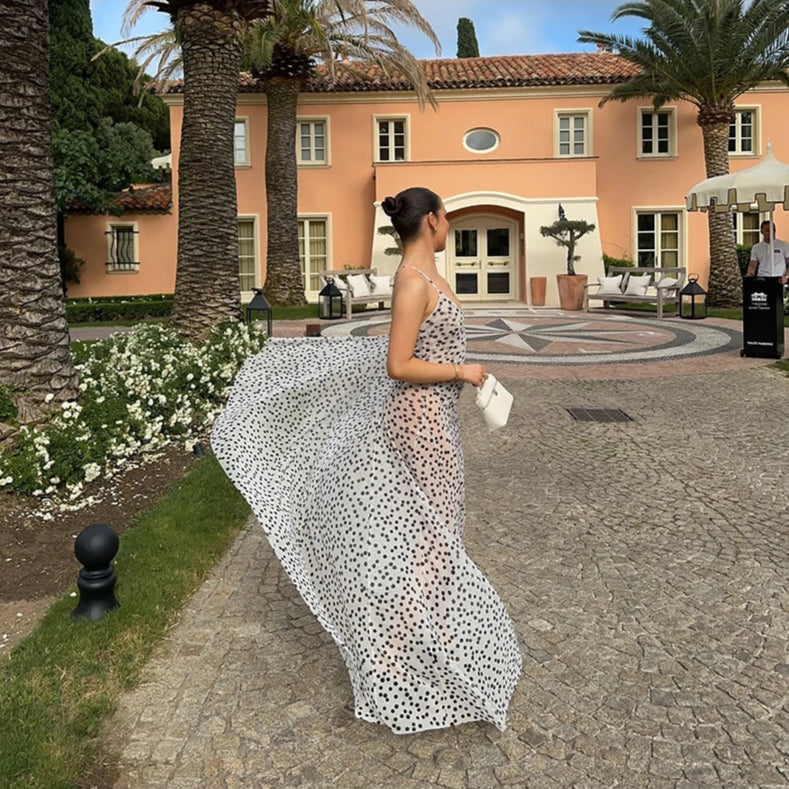 Vestido Largo Tirantes Lunares Cuello V | Espalda Descubierta Camisola Estilo Casual