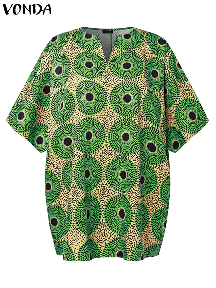 Blusa de talla grande 5XL VONDA para mujer, Tops estampados Vintage, camisas bohemias con cuello en V de verano, Blusas holgadas informales con manga de murciélago