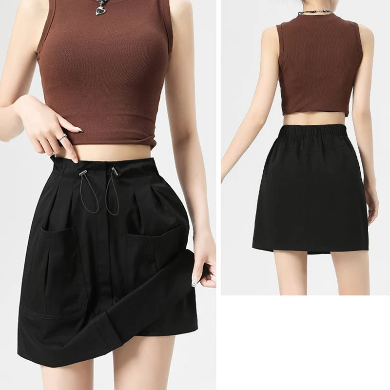 Falda Cargo Con Bolsillos Y Cordón Estilo Retro Americano