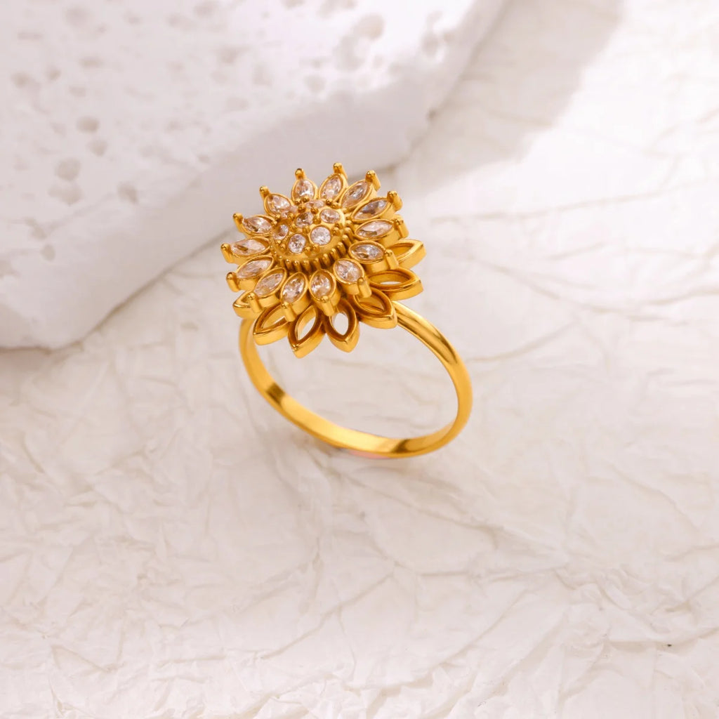 Anillo Ticotrendy Giratorio | Flor de Loto Zirconia | Acero Inox Oro | Joyería Moda 2025