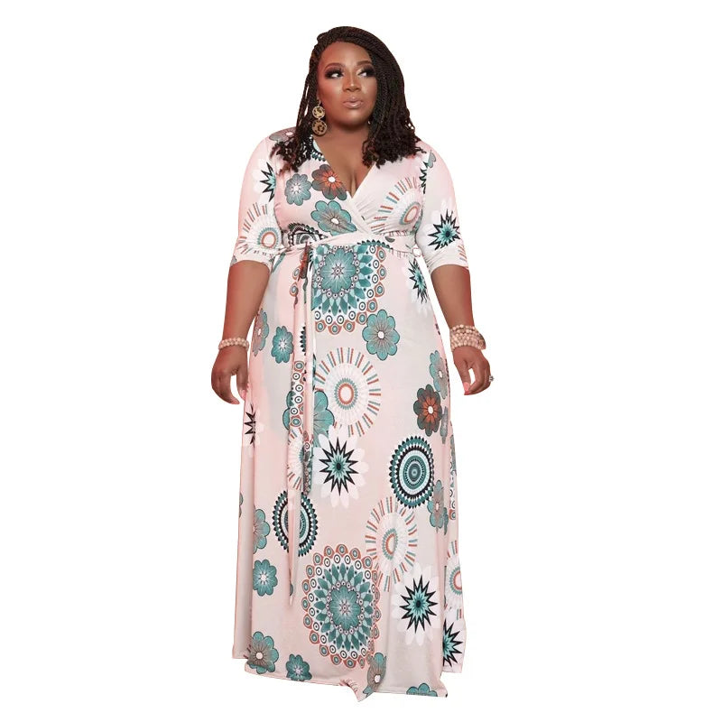 Vestidos de talla grande para mujer, ropa con estampado de flores, cuello en V, a la moda con cinturón, Media manga, maxivestido elegante, venta al por mayor, envío directo