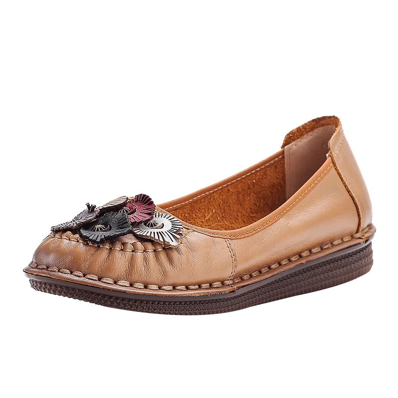 Mocasines Étnicos de Cuero Genuino para Mamá | Punta Redonda | Antideslizantes | Verano 2025