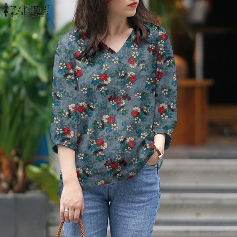 ZANZEA Blusas de algodón con estampado Floral de talla grande para mujer, blusas de manga 3/4 con cuello en V, Top de corte alto-bajo, Blusas informales para primavera y verano, 5XL