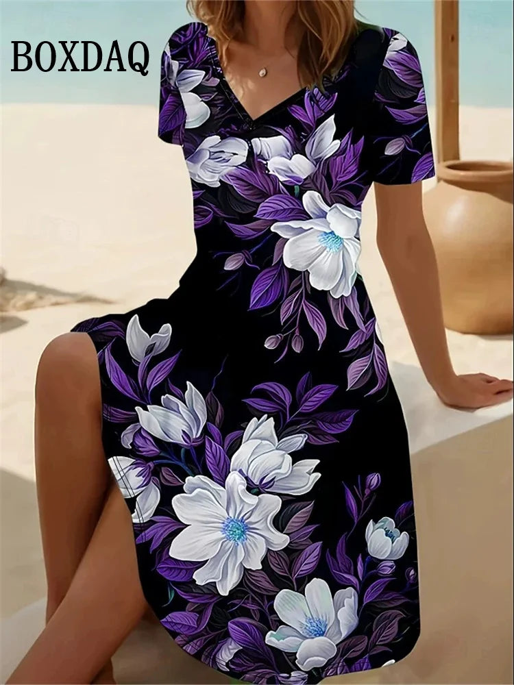 Vestido Vintage para Mujer | Cuello en V y Estampado Floral | Manga Corta para Playa | Tico Trendy