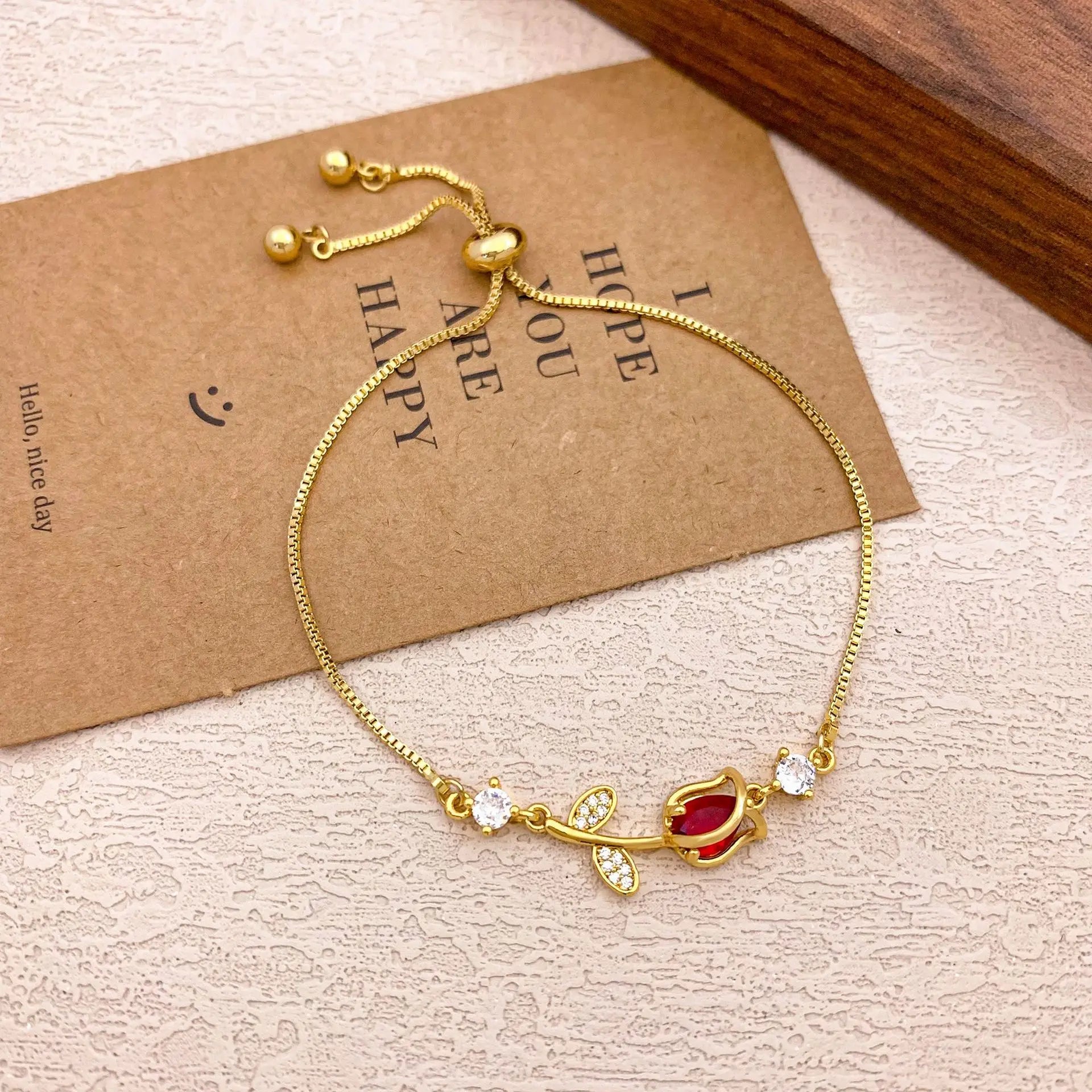 Pulseras con dijes de flor de tulipán y piedra lunar de circón colorido dulce para mujer y niña, joyería de cadena de caja de acero inoxidable ajustable elegante