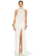 Vestido Largo Plisado sin Mangas | Cuello Alto Elegante