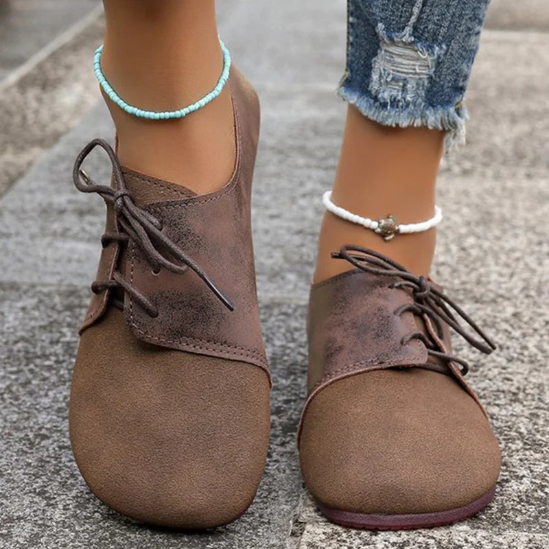 Zapatos Planos Marrones con Cordones | Gamuza Sintética | Punta Redonda | Talla Grande