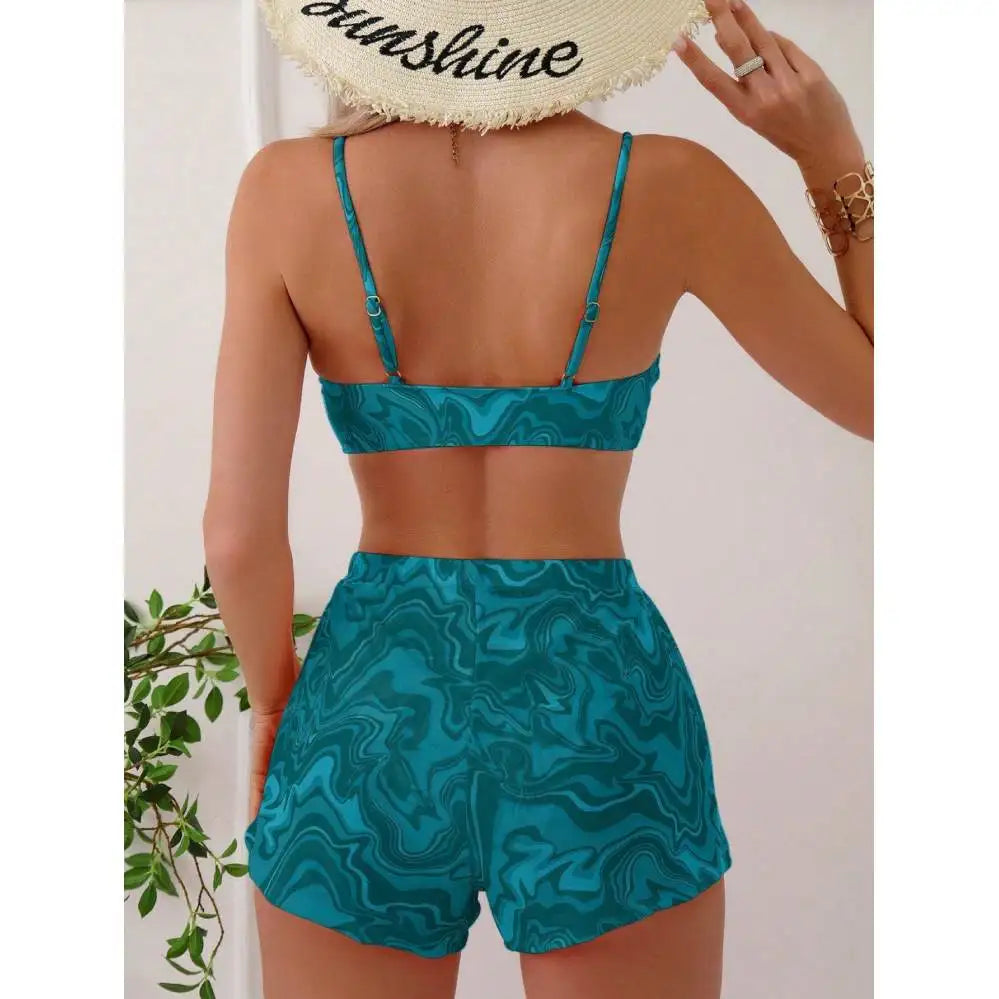 Conjunto de Bikini con Estampado de Mármol y Pareo - Outfit Casual para la Playa