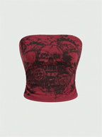 Top de tubo con estampado de calavera y hombros descubiertos para mujer, ropa gótica Sexy Y2K, Top corto ajustado, ropa de calle para discoteca